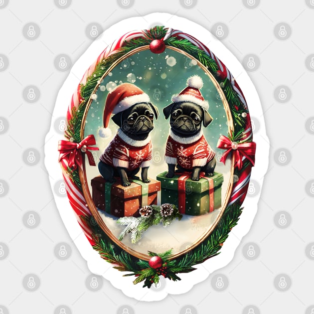 Two cute black pug puppies wearing festive Christmas sweaters and hats, sitting on gifts, in a picture frame made of red and white candy cane Sticker by WitchDesign